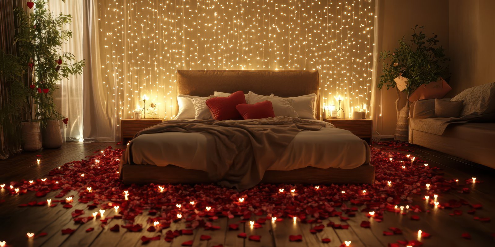 Romantic bedroom setting with fairy lights and rose petals for a special evening at home